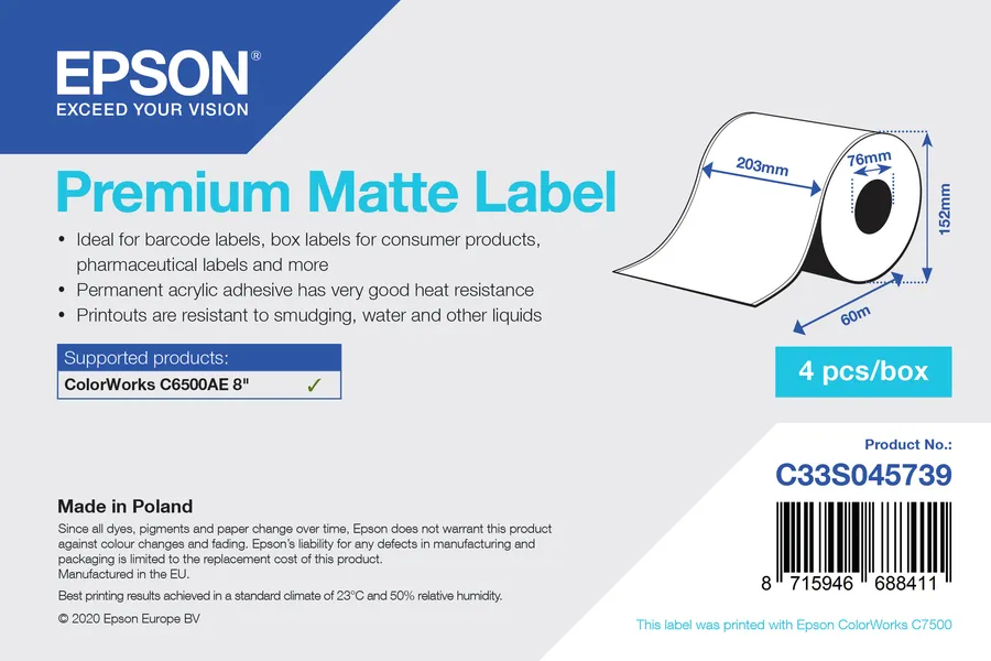 PREMIUM MATTE LABEL CONTINUOUS/ROLL 203MMX60M
