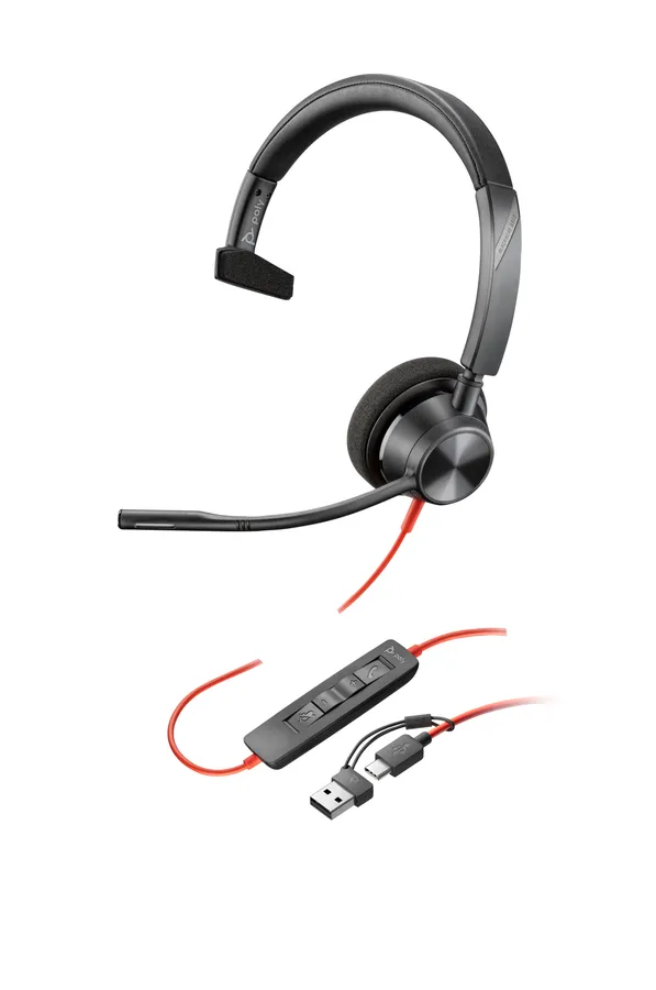 Poly Blackwire 3310 Monaural USB-C Headset +USB-C/A Adapter