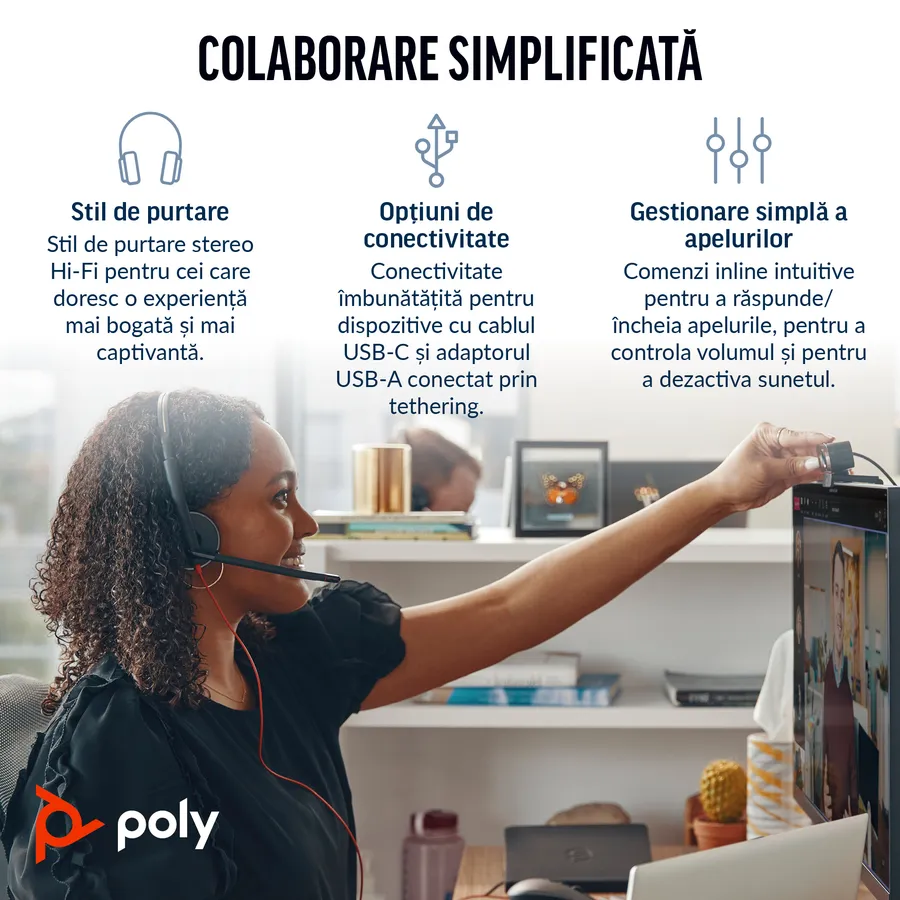 Poly Blackwire 3220 Stereo USB-C Black Headset +USB-C/A Adapter (Bulk)
